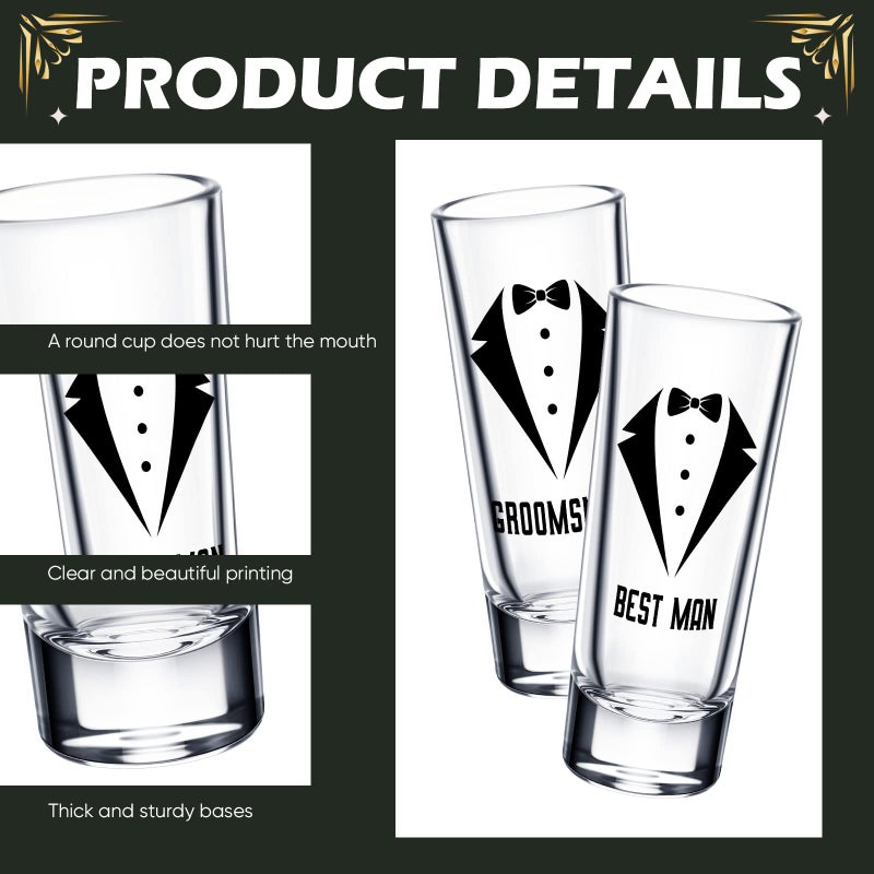 Rtteri 6 Pcs Wedding Shot Glasses Set 1 Best Man 5 Groomsmen Shot Glasses Wedding Party Favors Glasses Bachelor Party Favors Groomsman Gifts Bachelor Party Decorations for Proposal Men,2 oz - Image 3