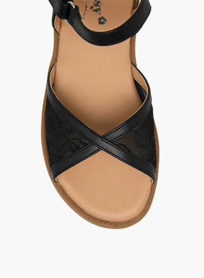 Little Missy BLACK Girls Lace Detail Hook & Loop Sandals for Women | Best Price UAE
