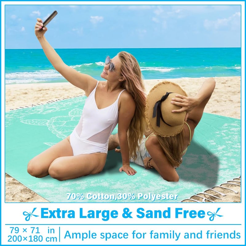 Vikumond Oversized Turkish Beach Towel Blanket XXL Cotton Sandproof Towels Boho Woven Extra Large Big Sand Free Giant Throw Blankets Huge Quilt XL Picnic Camping Necessities Cloud For Adult Gifts Teal - Image 2