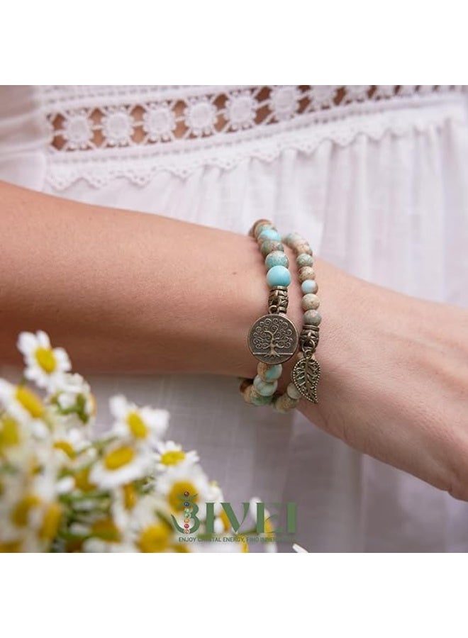 Bivei Natural Semi Precious Gemstone Beads Bracelet for Women - Tree of Life and Leaf Charm Chakra Energy Healing Anxiety Stretch Bracelets - Image 2