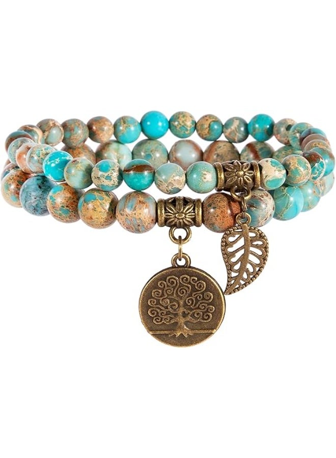 Bivei Natural Semi Precious Gemstone Beads Bracelet for Women - Tree of Life and Leaf Charm Chakra Energy Healing Anxiety Stretch Bracelets - Image 1