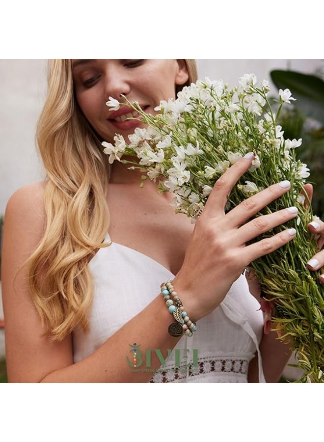 Bivei Natural Semi Precious Gemstone Beads Bracelet for Women - Tree of Life and Leaf Charm Chakra Energy Healing Anxiety Stretch Bracelets - Image 3