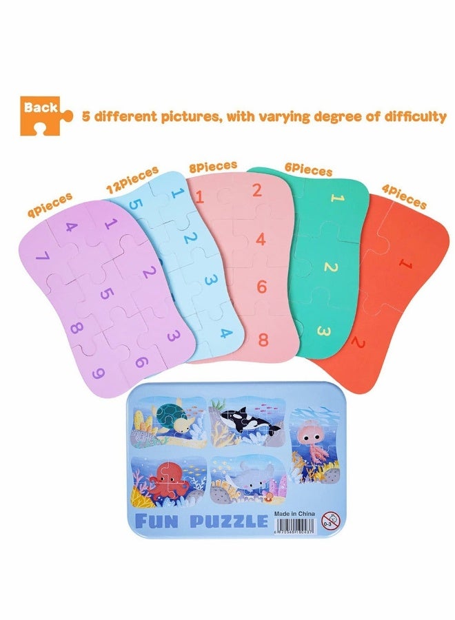 Sea Animal Puzzles for 3 4 5 6 Year Olds, 5-in-1 Jigsaw Puzzles with Iron Box for Storage, Puzzle Toys Gifts for Boys, Girls, Kids and Children (Sea Animal Puzzles) - Image 3