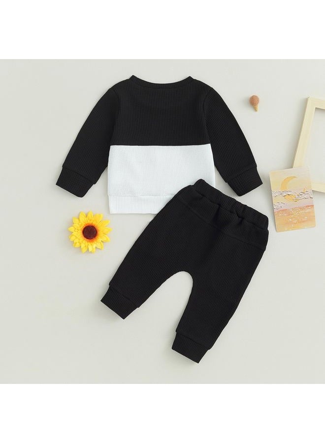 allshope Toddler Baby Boy Fall Outfit Long Sleeve Crew Neck Contrast Color Sweatshirt Top Pant Cute Newborn Infant Waffle Clothes, Black, 12-18 months - Image 3