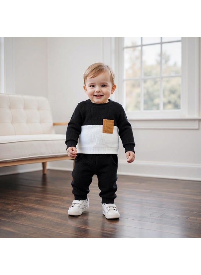allshope Toddler Baby Boy Fall Outfit Long Sleeve Crew Neck Contrast Color Sweatshirt Top Pant Cute Newborn Infant Waffle Clothes, Black, 12-18 months - Image 2
