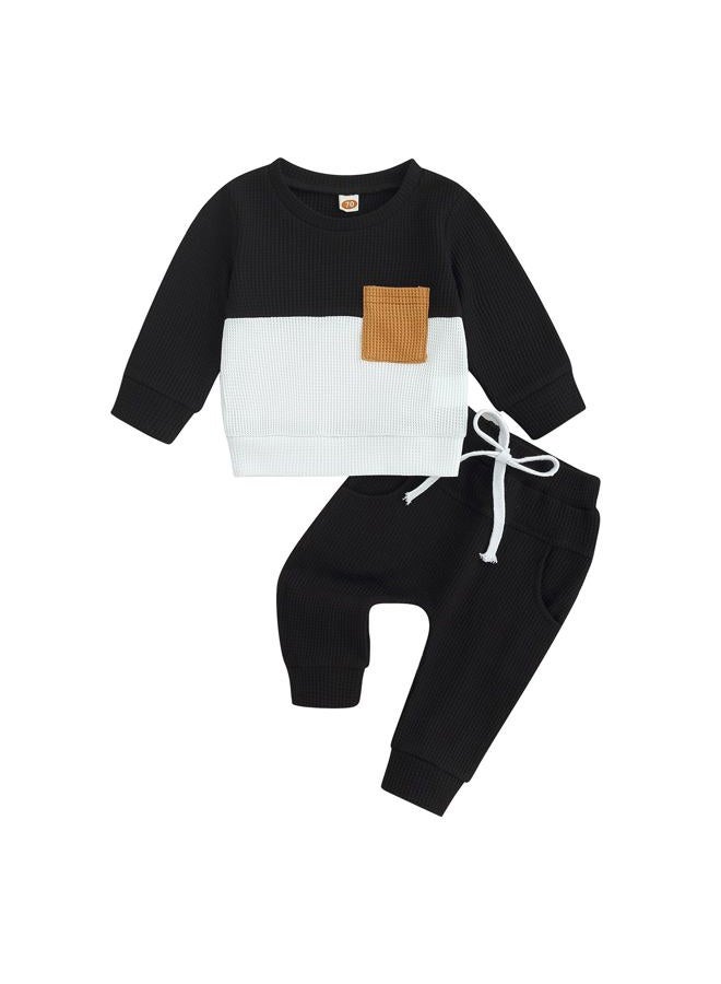 allshope Toddler Baby Boy Fall Outfit Long Sleeve Crew Neck Contrast Color Sweatshirt Top Pant Cute Newborn Infant Waffle Clothes, Black, 12-18 months - Image 1