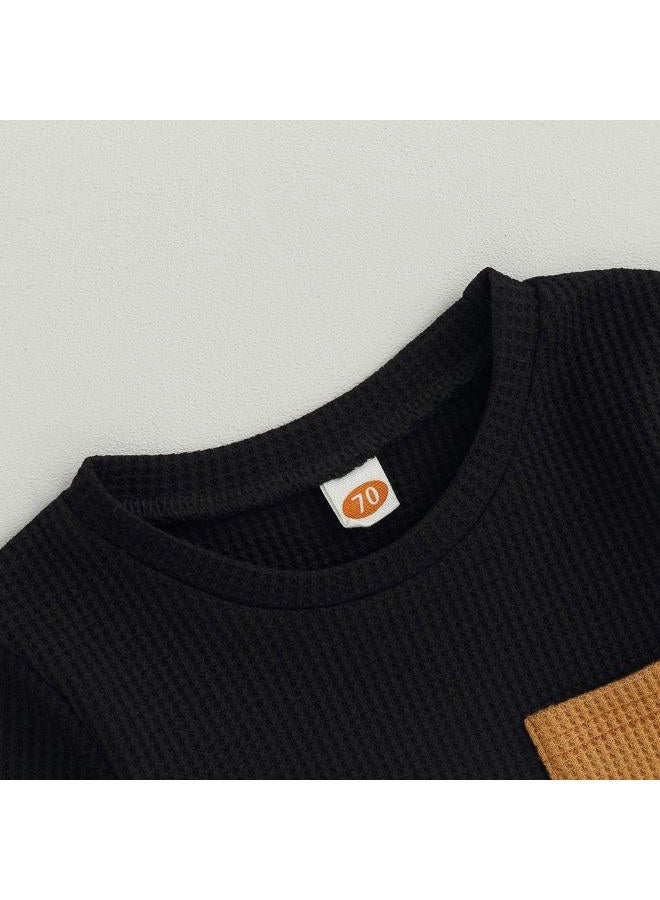 allshope Toddler Baby Boy Fall Outfit Long Sleeve Crew Neck Contrast Color Sweatshirt Top Pant Cute Newborn Infant Waffle Clothes, Black, 12-18 months - Image 4