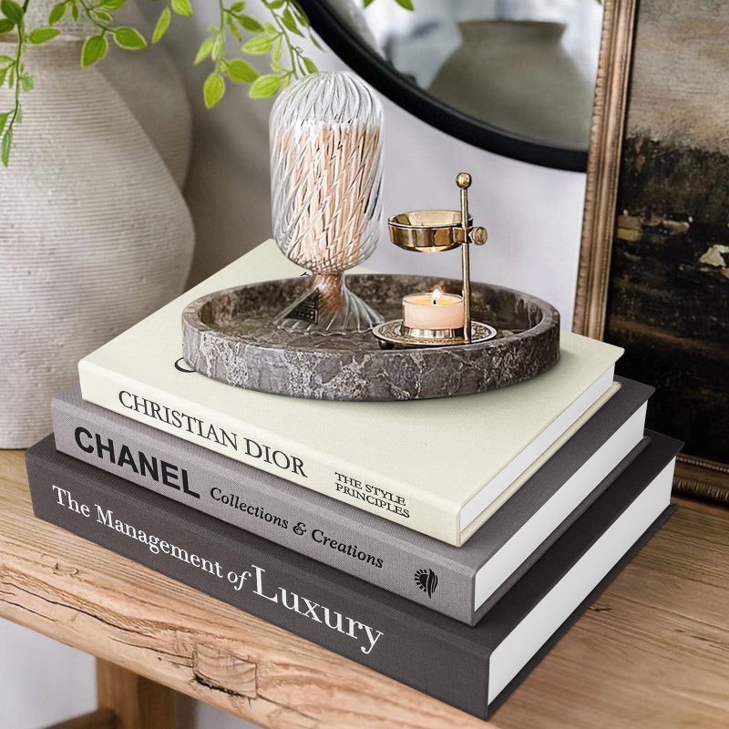 1DOT2 Aesthetic Decorative Books -Set of 3 Minimalist Linen Hardcover Faux/Fake Books for Coffee Table Home Decor Living Room Decoration, Photo Storage or as a Keepsake Box(Black-gray-beige-luxury) - Image 1