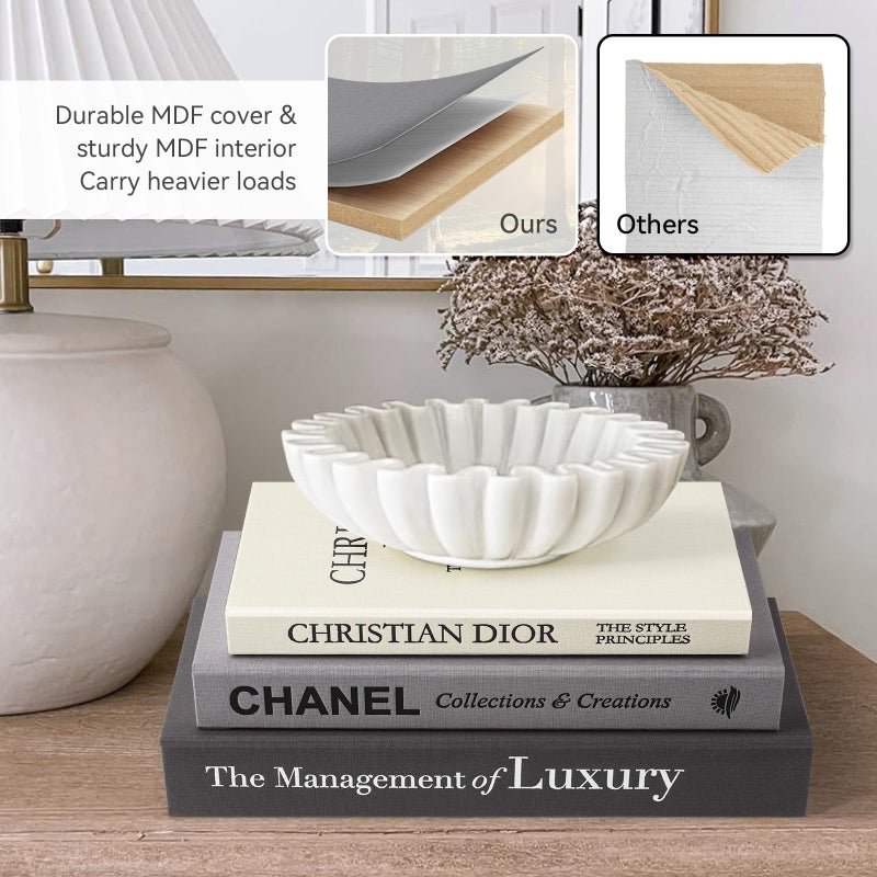 1DOT2 Aesthetic Decorative Books -Set of 3 Minimalist Linen Hardcover Faux/Fake Books for Coffee Table Home Decor Living Room Decoration, Photo Storage or as a Keepsake Box(Black-gray-beige-luxury) - Image 3