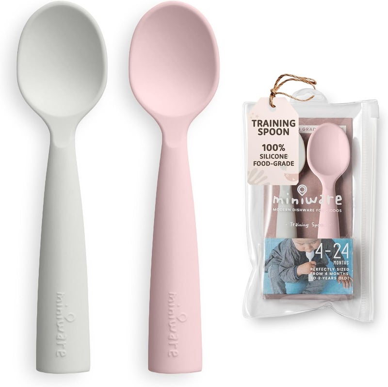 Miniware Training Spoon Cutlery Set for Baby and Toddler - 100% Food Grade Silicone, BPA Free, Dishwasher Safe (Grey and Cotton Candy) - Image 1
