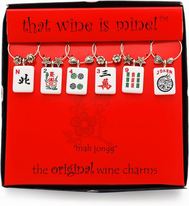 Mahjong Wine Charms, Zinc Alloy Wine Glass Tags for Stem Glasses, Drink Markers Identifiers for Parties, Tastings, and Entertaining, Multicolor, Set of 6