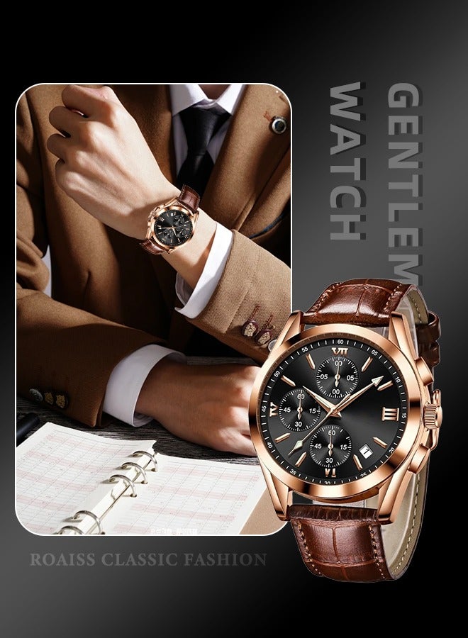 رويس ساعة كرونوغراف كوارتز بحزام جلدي للرجال، ساعة بقرص أسود دائري بإطار ذهبي وردي، ساعة يد مضيئة مقاومة للماء كهدية للرجال - Image 1