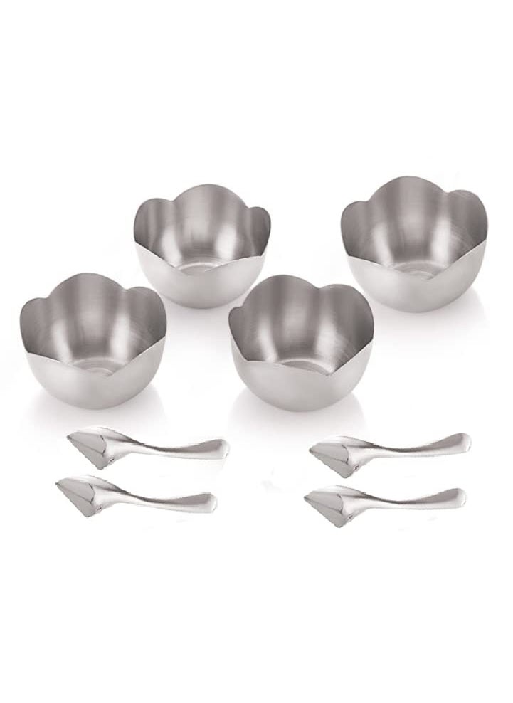 FINALITY FINALITY Stainless Steel Flower Shape Serving Desert Bowl ice Cream Bowl Sabji Bowl Dal Bowl with Cut Spoon Color Silver Size 10 cm Set of 4 Pcs  - Image 1