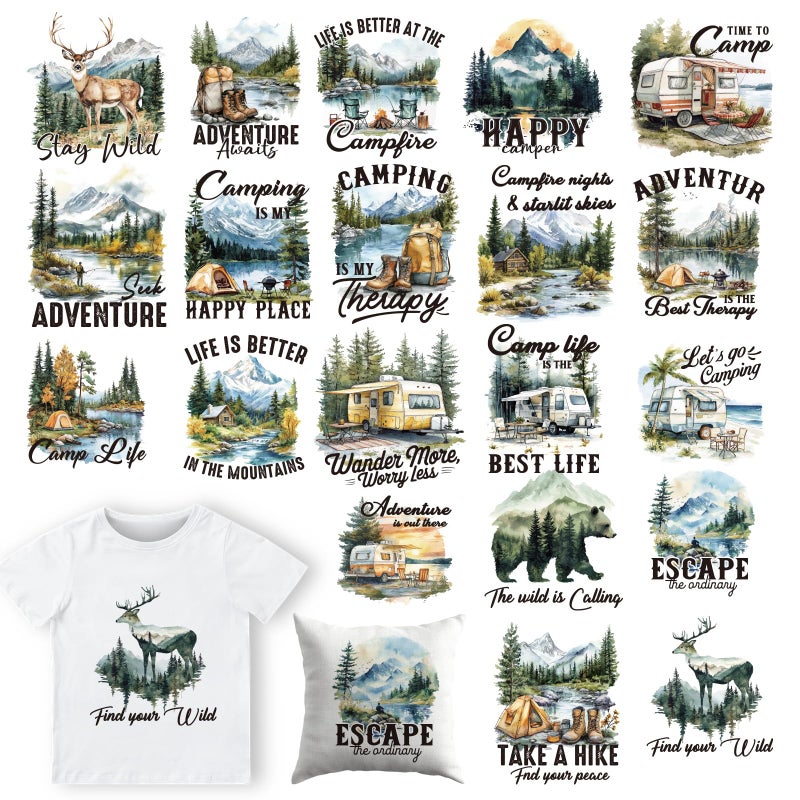 Dazoratix Camping Iron on Transfers 20 Sheets Adventure DTF Ready to Press for T Shirts Mountain Wild Outdoor Heat Patches Stickers Vinyl Decals for Clothes Appliques Bag Hat Decorations DIY Crafts