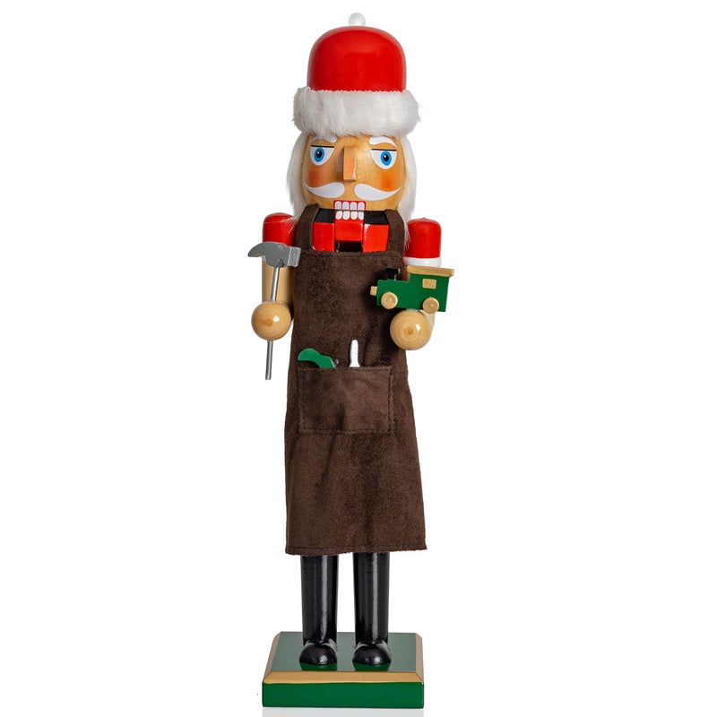 Ornativity Christmas Toy Maker Nutcracker  Red and Green Wooden Nutcracker Man with Brown Workers Apron and Toy Car and Toy Hammer in Hand Xmas Themed Holiday Nut Cracker Doll Figure Decorations 15