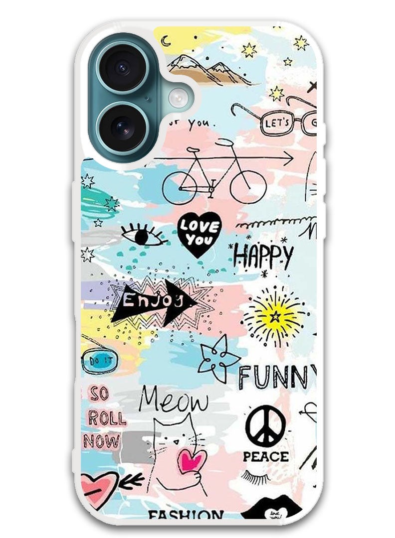 Theodor Protective Case Cover For APPLE IPHONE 16 Doodle Art  (White Bumper) - Image 1