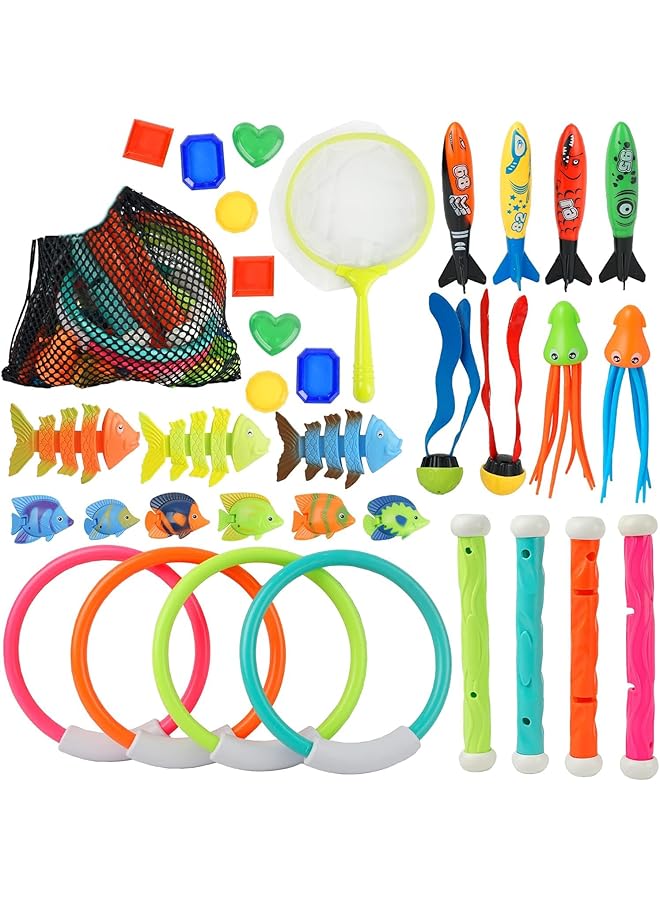 KASTWAVE Pool Diving Swimming Toys For Kids 34Pcs Underwater Dive Gifts With Storage Bag Fun Swim Games Sinking Set Training Diving Swim Toys For Boys Girls Toddlers - Image 1