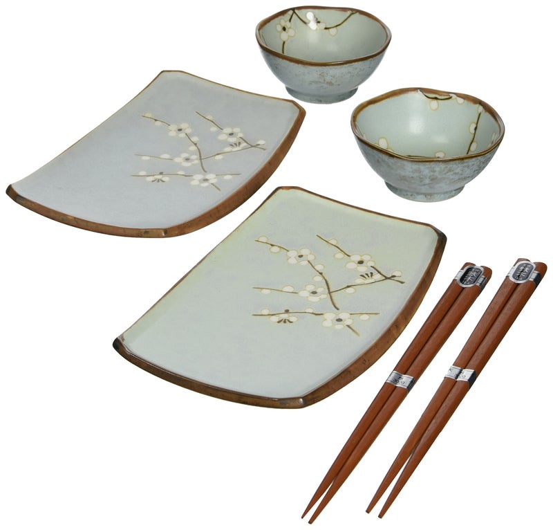 Miya Spring Blossom Japanese Sushi Plate Gift Set with 2Pair of Chopsticks Sushi for Two BlueWhite