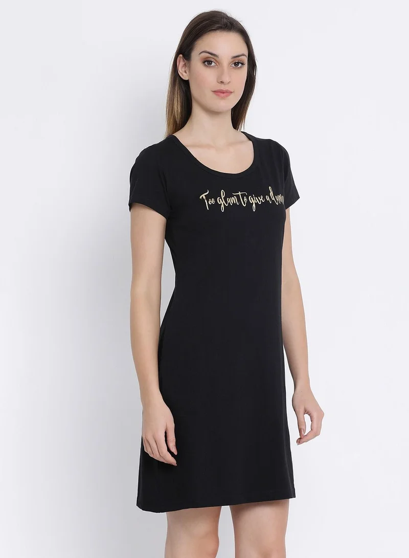 كلوفيا Clovia Cotton Text Print Short Nightdress In Black