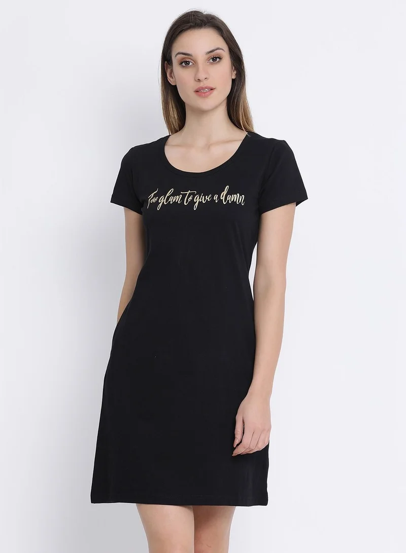 كلوفيا Clovia Cotton Text Print Short Nightdress In Black
