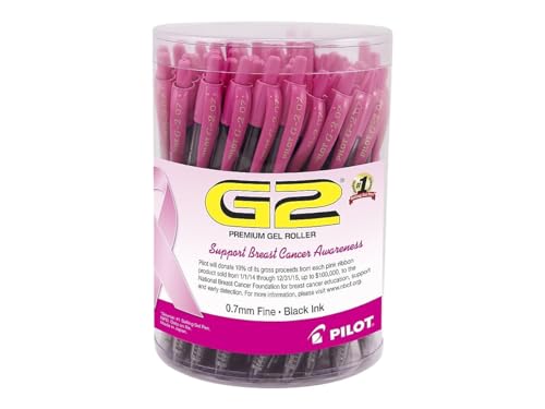 Pilot, G2 Pink Ribbon Premium Gel Roller Pens, Fine Point 0.7 mm, Pink & Black, Tub of 48 - Image 2