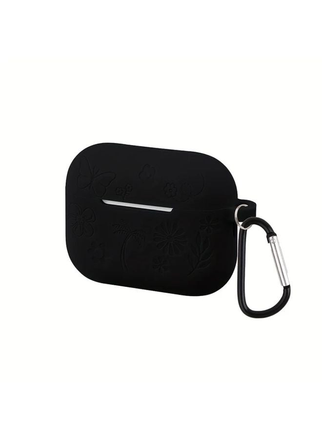 AirPods Pro 3rd Generation Case Black Soft Silicone Cover with Metal Hook Floral Design - Image 1