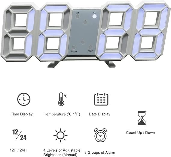 Dangfly Acrylic Digital LED Display Number Clock Table Wall Hanging Alarm Clock White Works On Electricity - Image 5