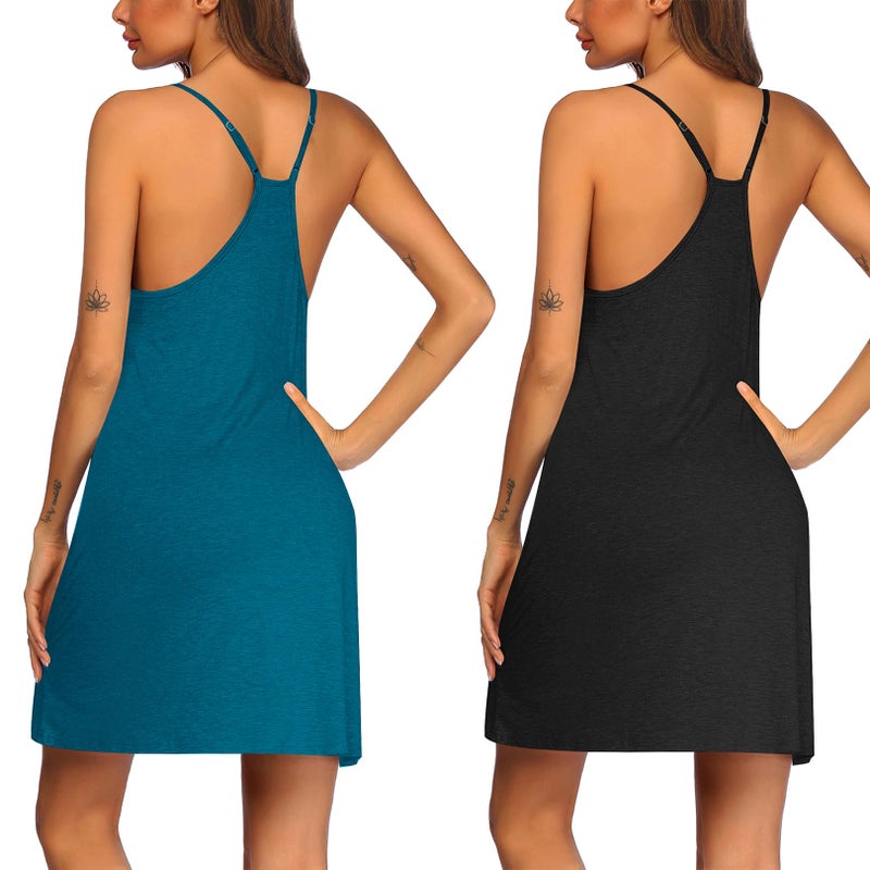 Ekouaer Women Nightgowns 2 Pack Spaghetti Strap Solid Nighties Sleeveless Sleepwear Dress Black & Blue Green L - Image 2