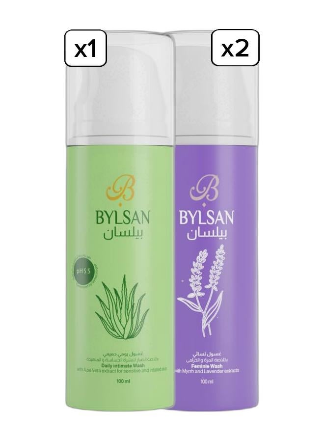 BYLSAN Feminine Intimate Care Bundle | Daily Aloe Vera Intimate Wash 100 ml + Myrrh & Lavender Intimate Wash 100 ml with Natural Multi-Purpose Ointment | pH Balanced & Soap-Free - Image 1