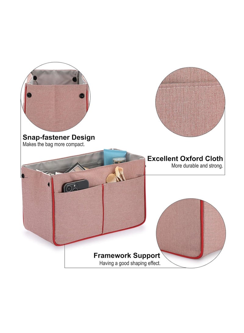 منظم حقيبة يد 13 جيب قابل للتوسيع حقيبة إدخال منظم حقيبة سفر مكياج منظم حقيبة منظم حقيبة مصنوعة من الفelt حقيبة إدخال منظم حقيبة يد متعددة الجيوب توت وردي - Image 4