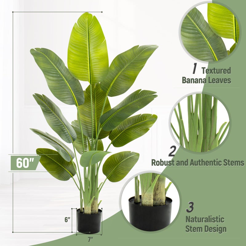 Keeplush Lifelike Bird of Paradise Artificial Plant,5ft Faux Banana Leaf Tree with 12 Trunks - Perfect Indoor Silk Floor Plant for Home Decor in Living Room, Office, and Bedroom 1Pack - Image 5