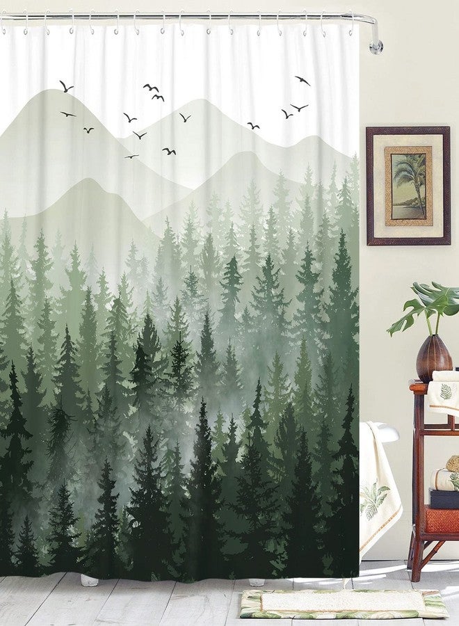 Accnicc Green Misty Forest Shower Curtain Ombre Sage Green White Mountain Pine Tree Waterproof Fabric Shower Curtains for Bathroom Nature Woodland Decorative Modern Bath Curtain Decor 72×72 Inches - Image 1