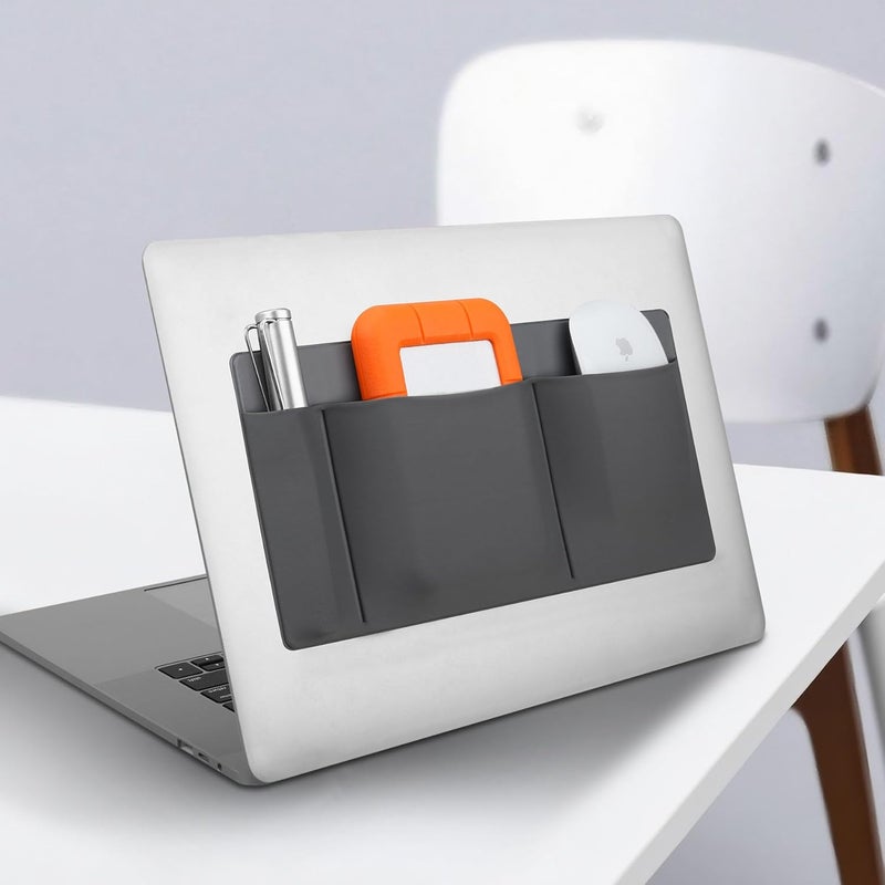 Lacdo 3-Pocket Mouse Holder for Laptop Stick on, External Hard Drive SSD Holder for Laptop, Stick on Pouch Organizer Adhesive Pocket Storage Sleeve for Mouse/HDD/SSD/Cables, Computer Accessories, Gray - Image 3