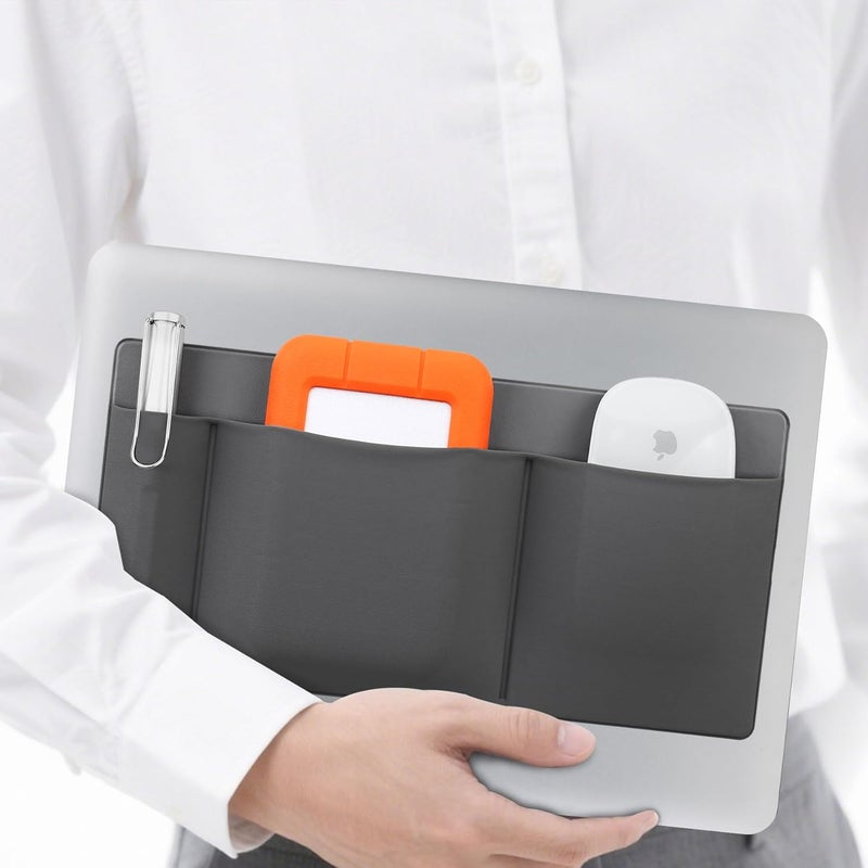 Lacdo 3-Pocket Mouse Holder for Laptop Stick on, External Hard Drive SSD Holder for Laptop, Stick on Pouch Organizer Adhesive Pocket Storage Sleeve for Mouse/HDD/SSD/Cables, Computer Accessories, Gray - Image 1
