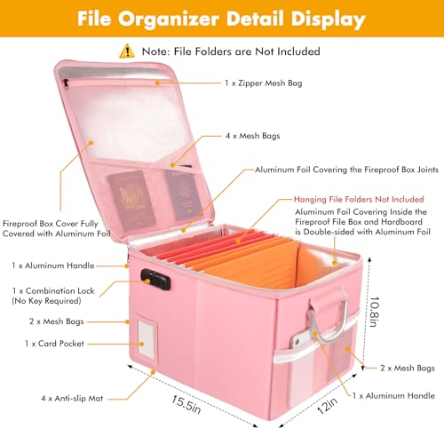 TOMKID 5200°F Fireproof Document Box, Fire Important Document Organizer with Lock, Upgraded Heat Insulated Filing Storage Cabinet Office Organization (5200°F Fireproof Box, Pink) - Image 3