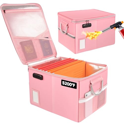 TOMKID 5200°F Fireproof Document Box, Fire Important Document Organizer with Lock, Upgraded Heat Insulated Filing Storage Cabinet Office Organization (5200°F Fireproof Box, Pink) - Image 1