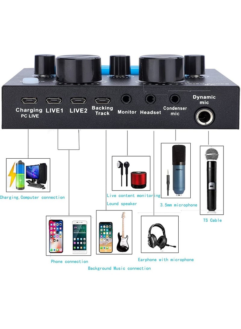 LEDIN V8-Live Sound Card, Audio Mixer USB External Sound Card Headset Microphone Live Sound Card Karaoke for Double Cell Phone Live Computer PC Live Recording Home KTV Voice Chat  - Image 5