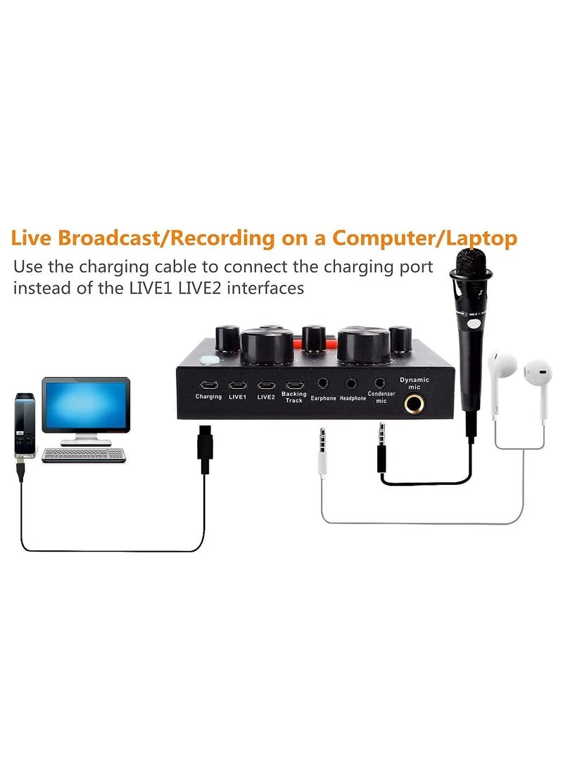 LEDIN V8-Live Sound Card, Audio Mixer USB External Sound Card Headset Microphone Live Sound Card Karaoke for Double Cell Phone Live Computer PC Live Recording Home KTV Voice Chat  - Image 2