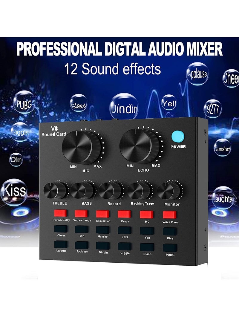 LEDIN V8-Live Sound Card, Audio Mixer USB External Sound Card Headset Microphone Live Sound Card Karaoke for Double Cell Phone Live Computer PC Live Recording Home KTV Voice Chat  - Image 4