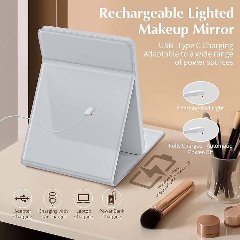 فينيجو Travel Makeup Mirror, Portable LED Lighted Makeup Mirror, Rechargeable 1800mAh Battery, 2 Light Settings, USB-Powered Travel Vanity Mirror - Image 2