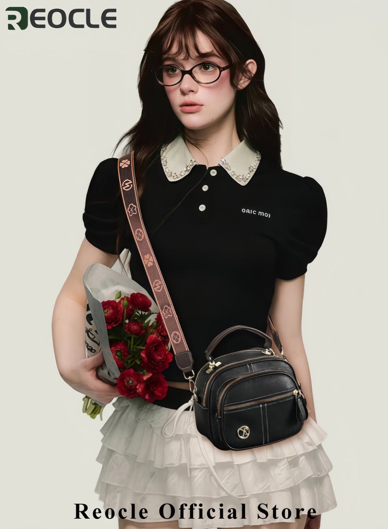 REOCLE Ladies Retro Crossbody Bags for Women Large Capacity Three-Layer Shoulder Bag Vegan Leather Handbag Purses Satchel Clutch with Multi Layered - Image 5