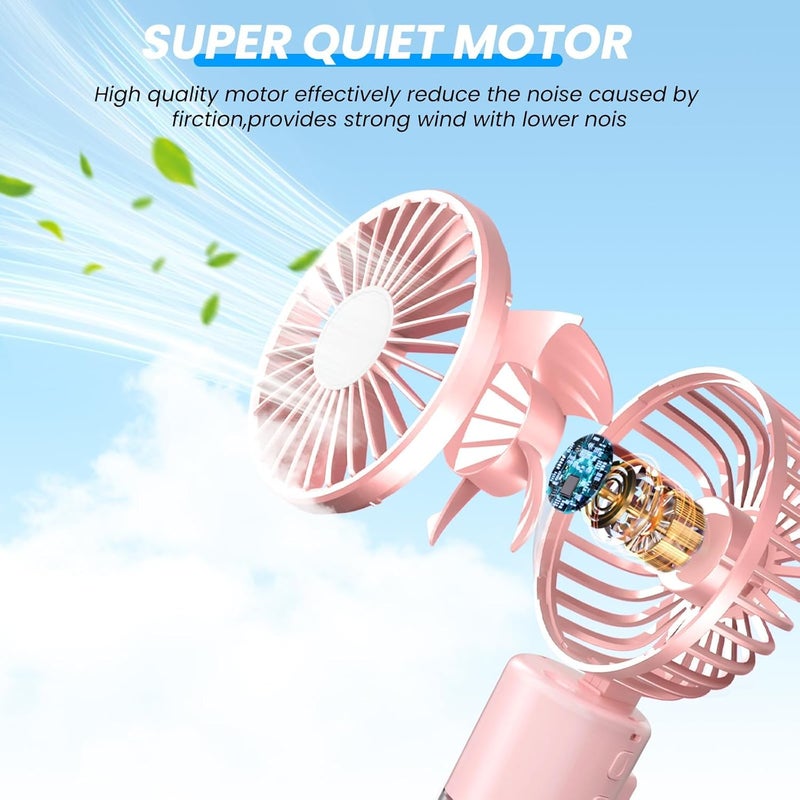 Excefore Portable Handheld Fan with Water Mist Spray, 1500mAh Rechargeable Mini Fan, 4-Speed Neck and Desk Fan, 55ml Water Bottle, Battery Powered, Ideal for Office, Outdoor, Travel, Camping, Pink - Image 5