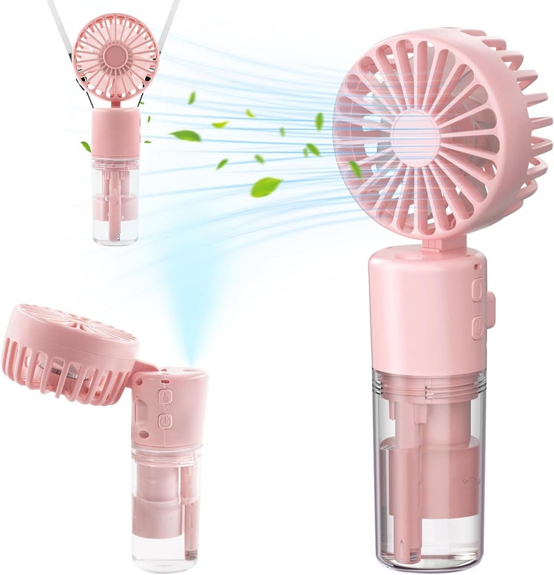 Excefore Portable Handheld Fan with Water Mist Spray, 1500mAh Rechargeable Mini Fan, 4-Speed Neck and Desk Fan, 55ml Water Bottle, Battery Powered, Ideal for Office, Outdoor, Travel, Camping, Pink - Image 1