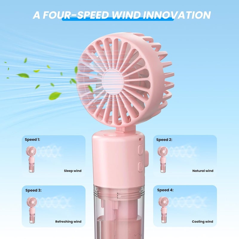Excefore Portable Handheld Fan with Water Mist Spray, 1500mAh Rechargeable Mini Fan, 4-Speed Neck and Desk Fan, 55ml Water Bottle, Battery Powered, Ideal for Office, Outdoor, Travel, Camping, Pink - Image 2