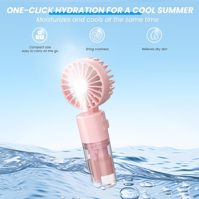 Excefore Portable Handheld Fan with Water Mist Spray, 1500mAh Rechargeable Mini Fan, 4-Speed Neck and Desk Fan, 55ml Water Bottle, Battery Powered, Ideal for Office, Outdoor, Travel, Camping, Pink - Image 3