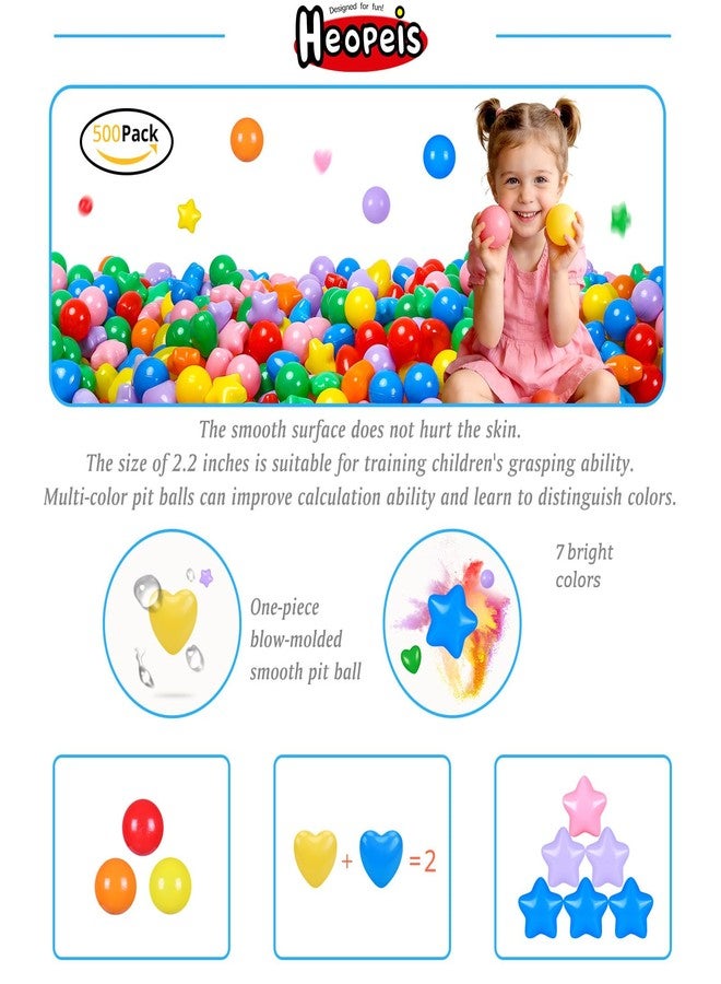Heopeis 200 Star Ball Pit Balls Hearts for Toddlers Phthalate Free BPA Free Crush Proof Plastic - 7 Bright Colors in Reusable Play Toys for Kids with Storage Bag Indoor Outdoor - Image 5