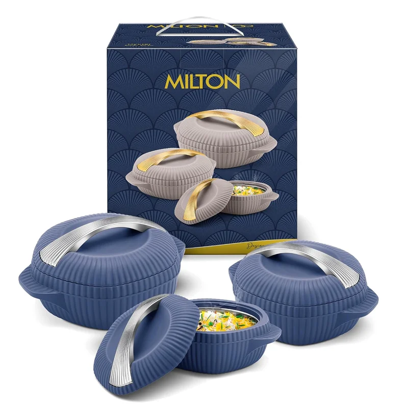 Milton MILTON 3-Piece Casserole Set (455ml, 860ml, 1.27L) Double-Walled Hotpot with PU Insulation & Stainless Steel Inner, Keeps Food Hot/Cold, Perfect for Serving Chapati, Roti - Oyster Jr - Royal Blue