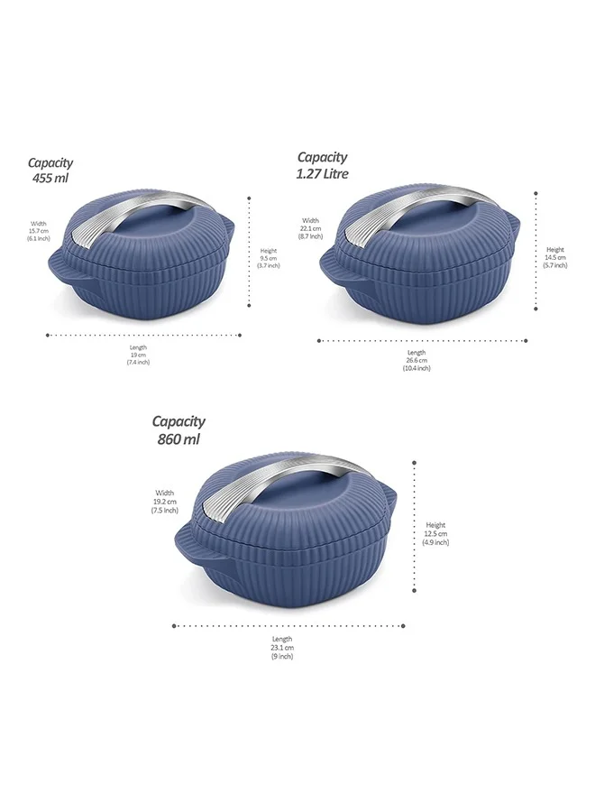 Milton Milton Oyster Jr. Gift Set PU Insulated Casserole, Set of 3 (455 ml, 860 ml, 1275 ml), Royal Blue, BPA Free, Food Grade, Hot and Cold, Easy to Carry, Easy to Store, Chapati, Roti, Curd Maker Royal Blue