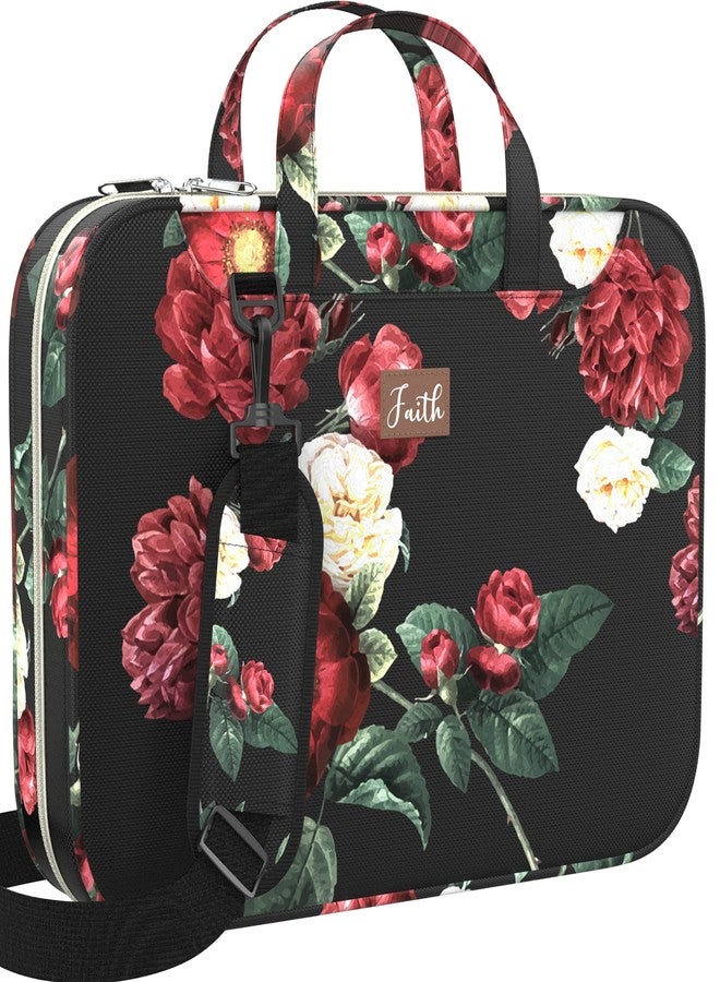 DEHITE Bible Cover Case for Women — Bible Bags for Women — Black Floral Case — Tote Bags Extra Large — Book Size 11.4 x 8.85 x 1.9 in — Zippered Pocket — Shoulder Strap — Premium Christian Gift - Image 1