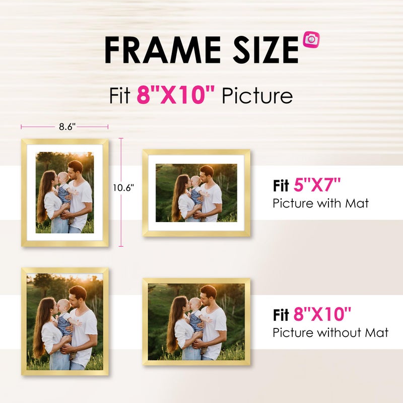 FIXSMITH 8x10 Picture Frame Set of 2, Gold Picture Frames Collage for Tabletop or Wall Display, Photo Frame with HD Plexiglass, Display Pictures 5x7 with Mat or 8x10 Without Mat - Image 2